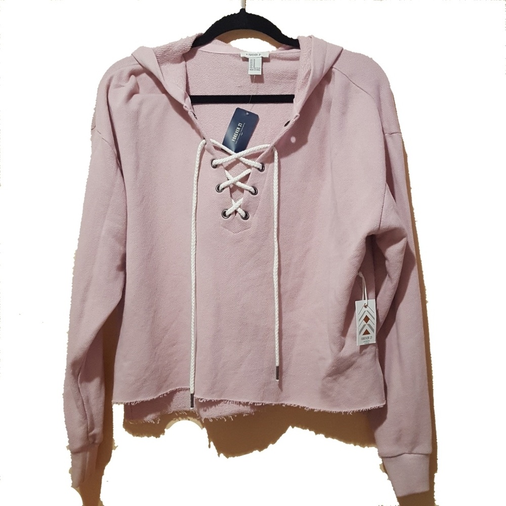 Forever 21 Pink Lace Up Cropped Hoodie NWT